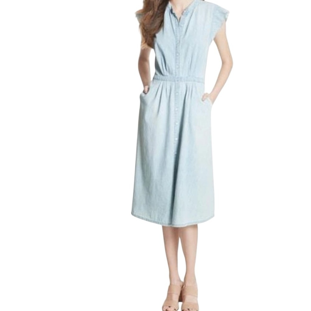 Joie’ Awel Light Blue Button Front Chambray Midi Dress in Western Fade - Picture 3 of 16
